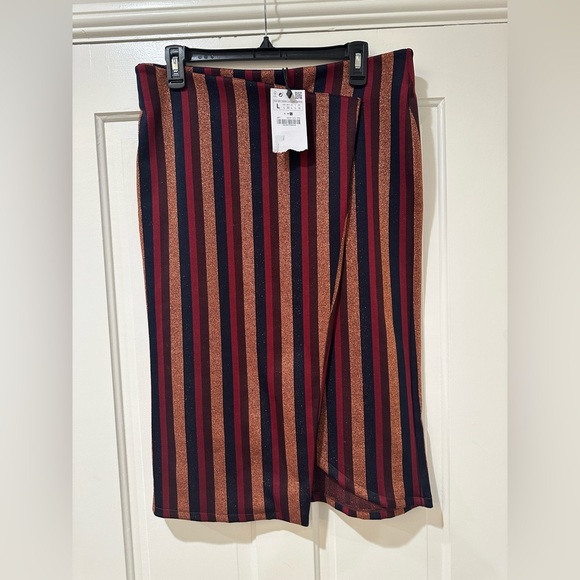 Zara metallic rose gold striped wrap pull on skirt nwt - Picture 4 of 11